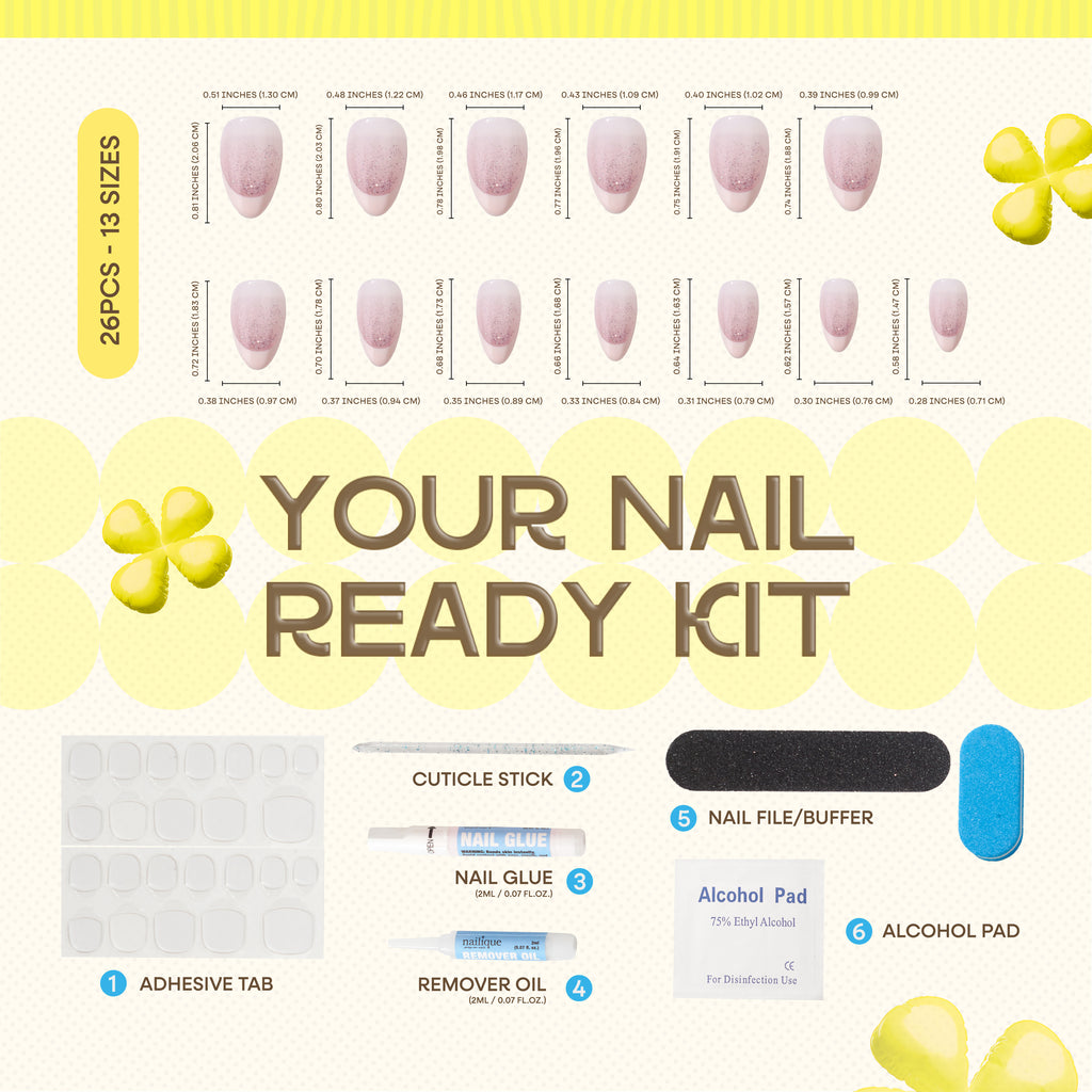 Handmade short almond press-on nails by Nailique with soft gel baby pink French tip and glitter shimmer design.