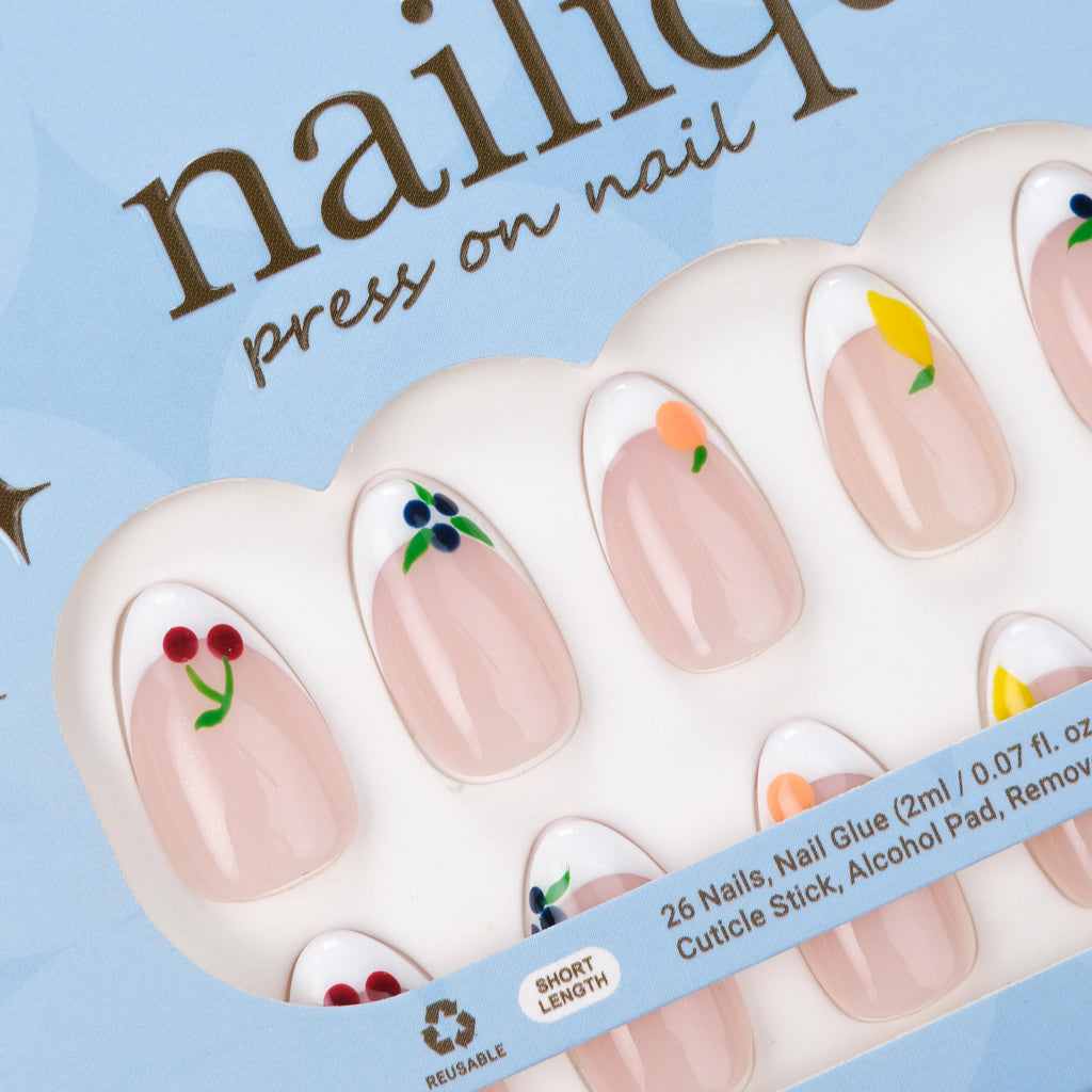 Press On Nails Short Almond – Hand-Painted Handmade French Tip Soft Gel Fruit Design, 26pcs Reusable Nail Tips with Lamp-Curable Glue