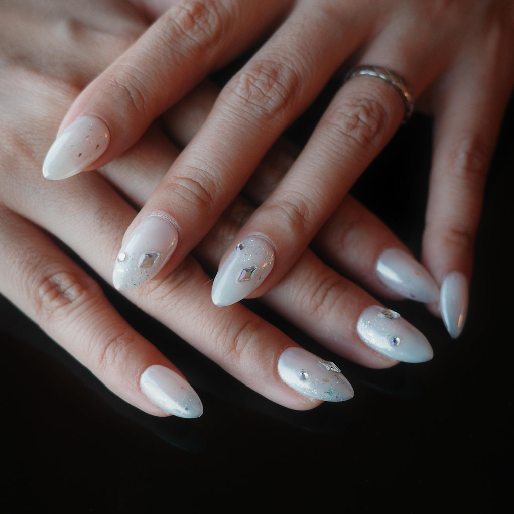 Press On Nails Short Almond, Handmade Soft Gel Milky Pearl Chrome Bridal Fake Nails with Rhinestones & Glitter