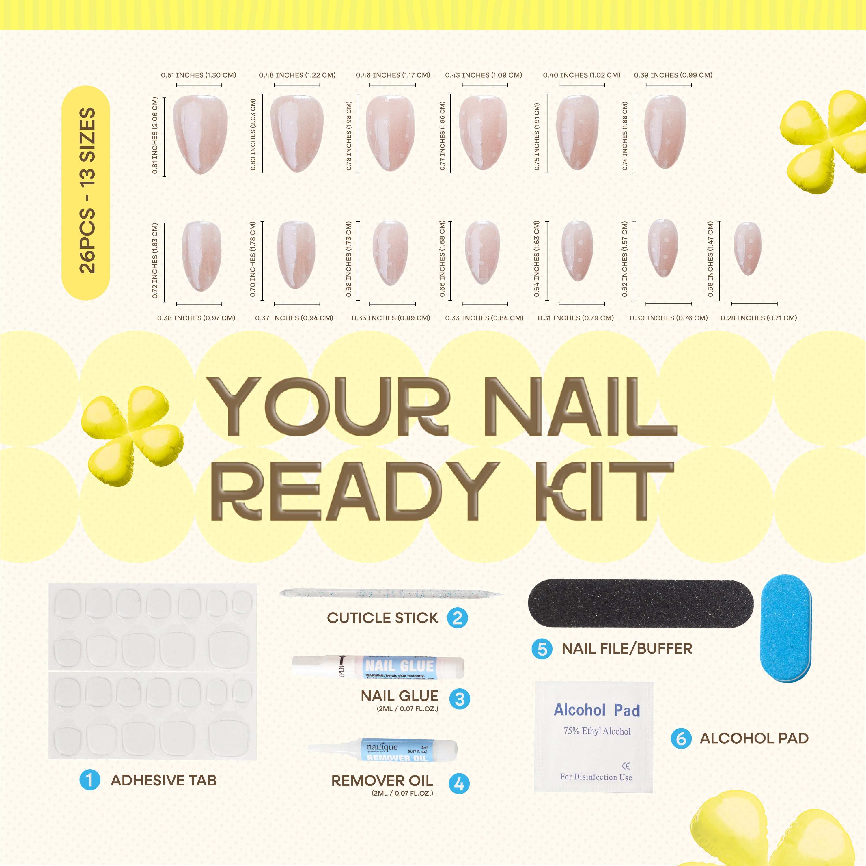NAILIQUE Press On Nails Short Almond, Handmade Soft Gel Chrome Glazed Donut Nude White Polka Dot Fake Nails, 26pcs Reusable Nail Tips with Glue & Remover, Salon Quality Wedding & Everyday Manicure