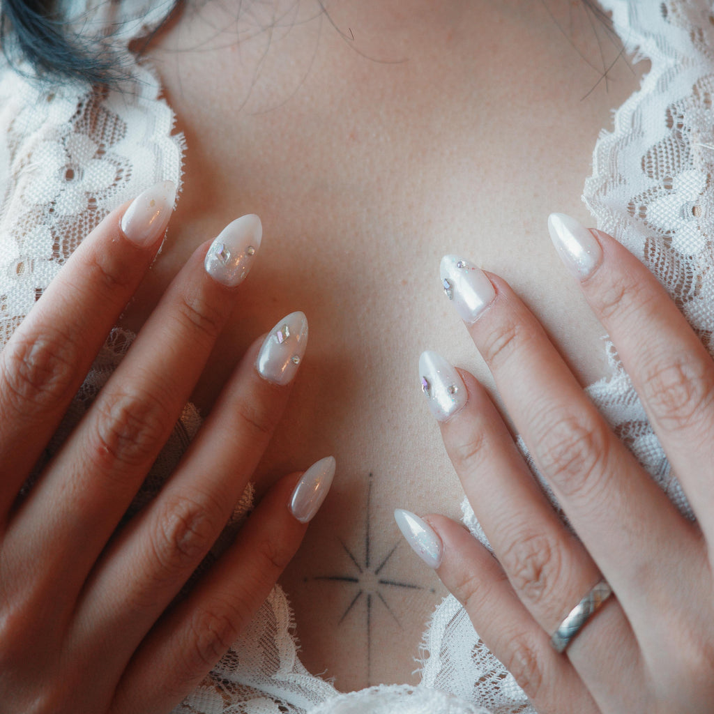Press On Nails Short Almond, Handmade Soft Gel Milky Pearl Chrome Bridal Fake Nails with Rhinestones & Glitter