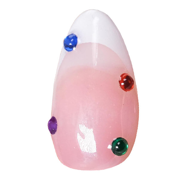 Nailique short almond press-on nails with nude base, white French tips, colorful rhinestones, and sparkling gel finish, 26-piece set