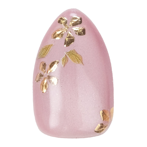 Short almond press-on nails by Nailique with pink cat eye gel, gold foil floral design, 26 reusable tips with glue and remover