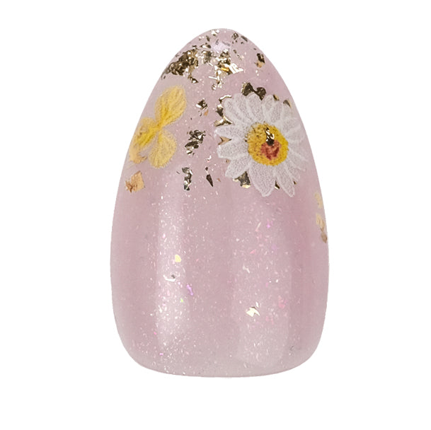 Press On Nails Short Almond – Handmade Lavender Floral Soft Gel with Gold Foil, 26pcs Reusable Nail Tips with Lamp-Curable Glue