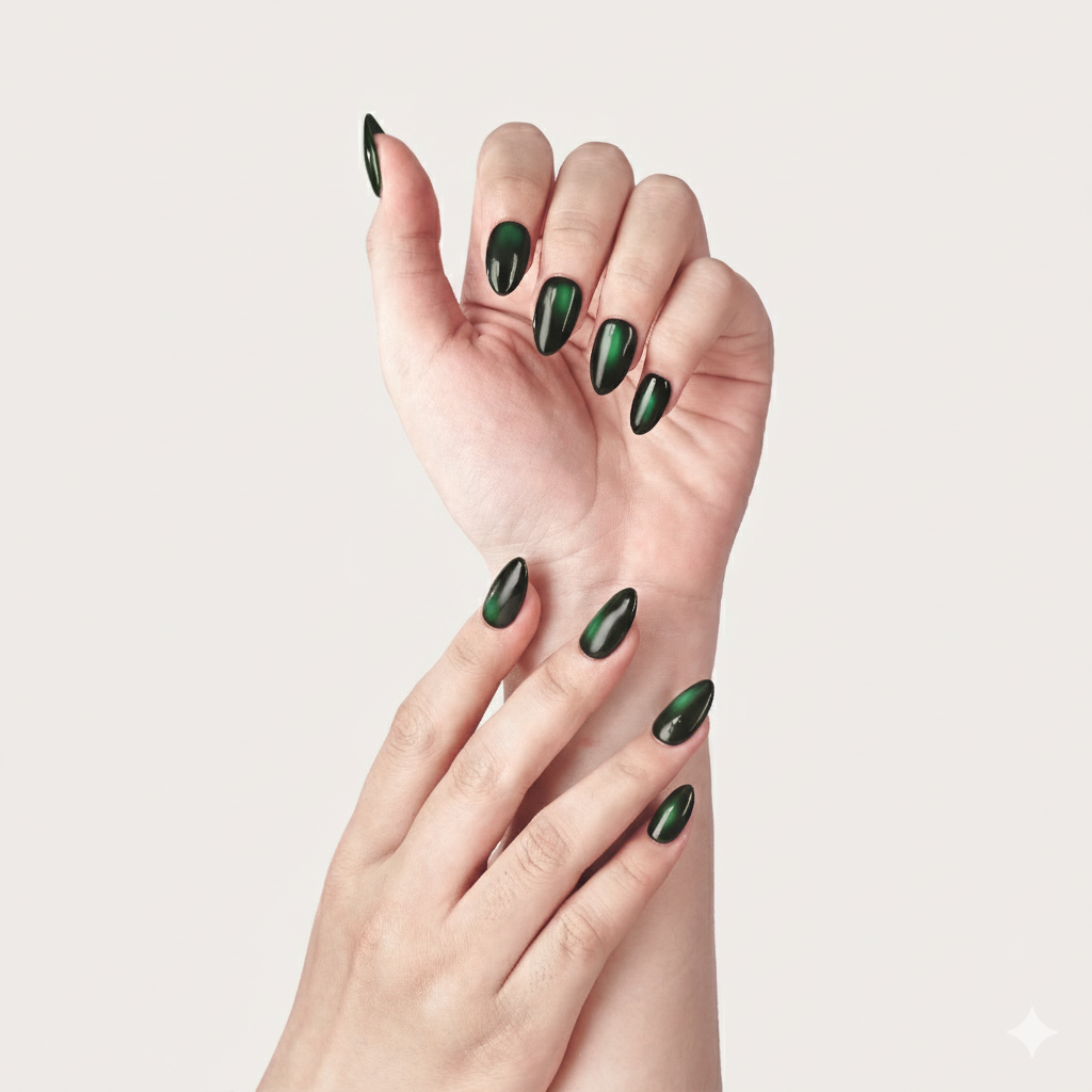 Short almond press-on nails in dark green gel design by Nailique, with 26 reusable tips, glue, and remover for salon-quality manicure.