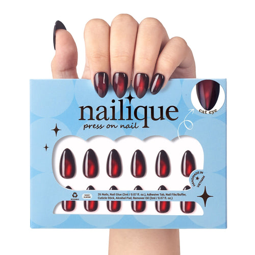 Handmade short almond press on nails by Nailique, cat eye dark black and red gel tips with lamp-curable glue in 26 reusable pieces