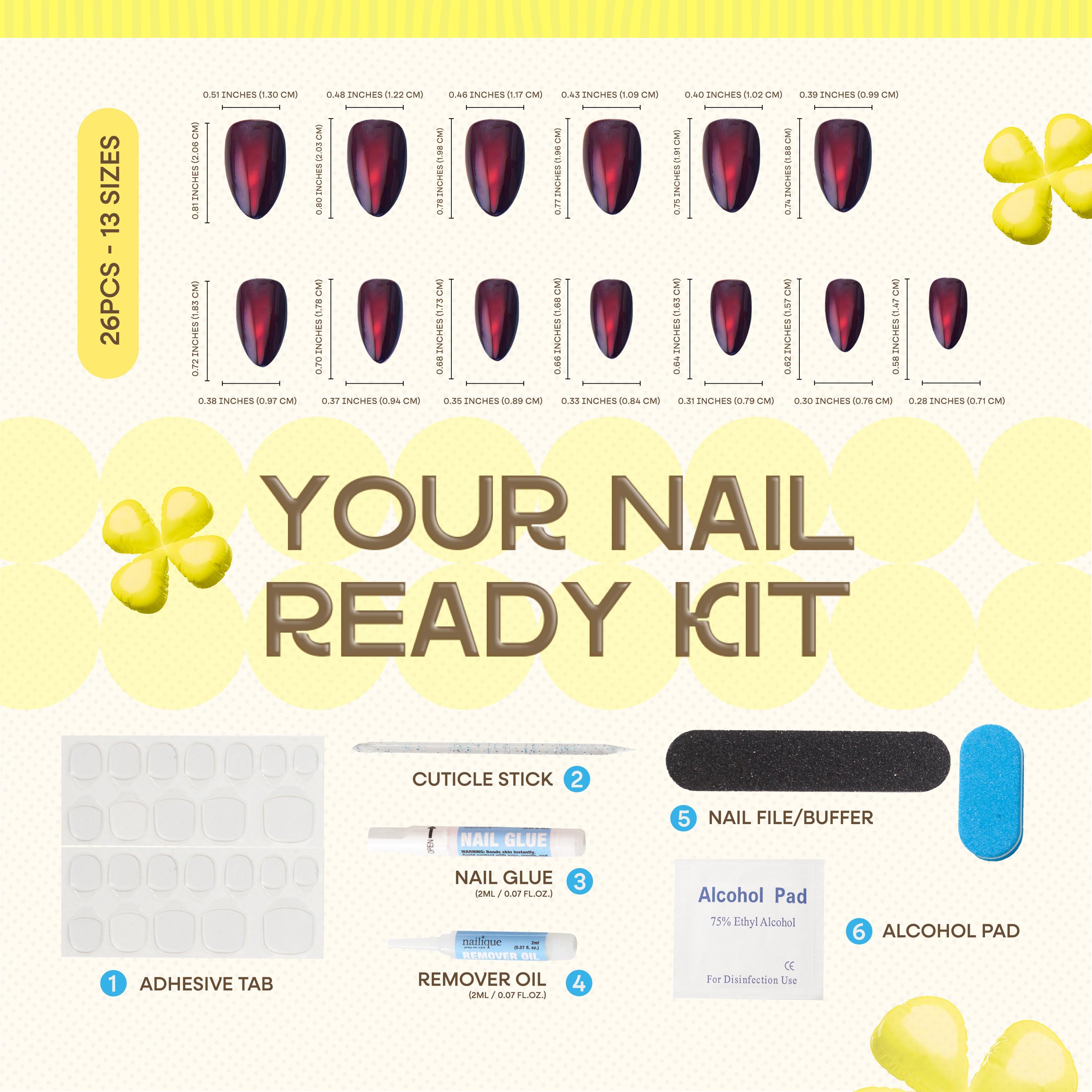 Nailique short almond press-on nails with handmade cat eye design in dark black and red, 26 reusable gel nail tips with lamp-curable glue