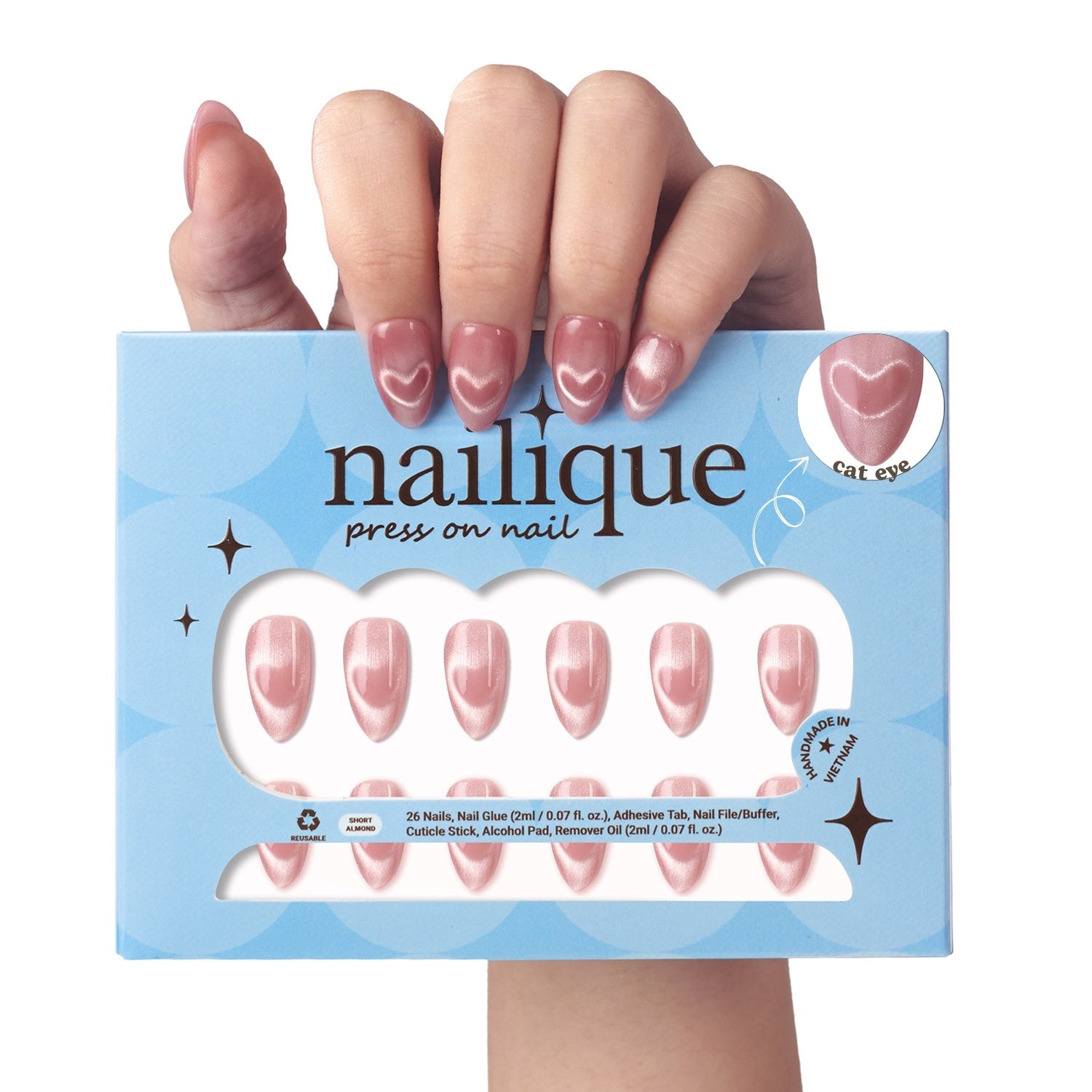Press On Nails Short Almond – Handmade Cat Eye Soft Gel Pink Love Heart Design, 26pcs Reusable Nail Tips with Glue & Remover