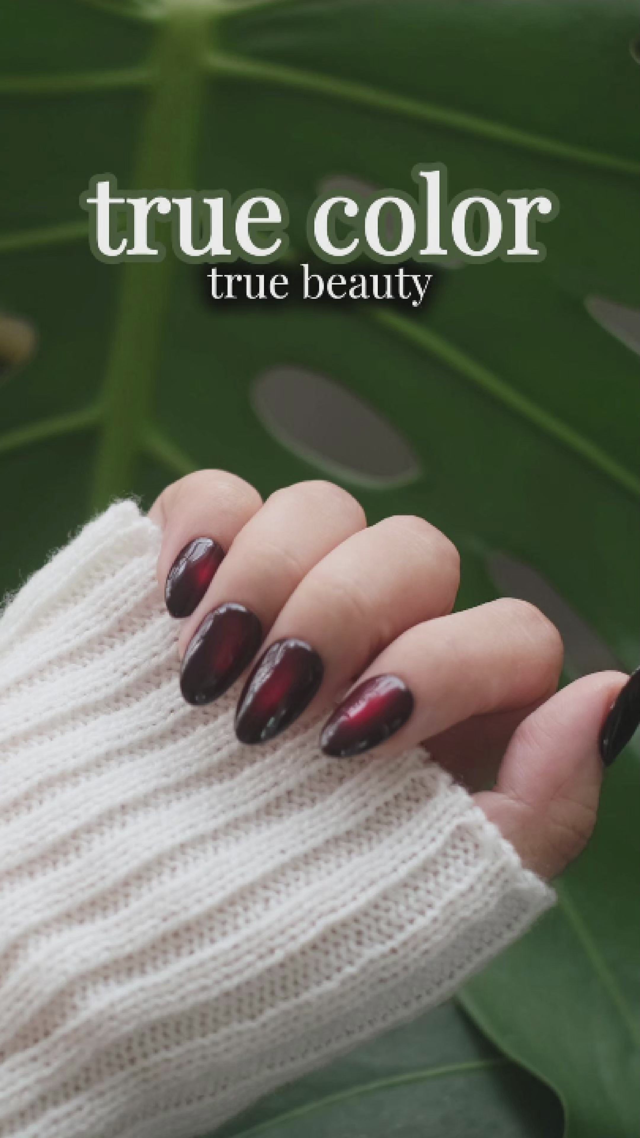 Press On Nails Short Almond – Handmade Cat Eye Soft Gel Dark Black Red, 26pcs Reusable Nail Tips with Lamp-Curable Glue
