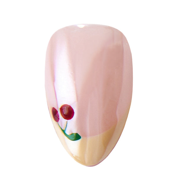 Handmade short almond press-on nails by Nailique with butter yellow French tips, cherry glaze, chrome finish, soft gel styling.