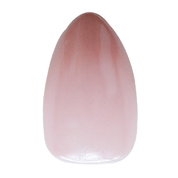 Handmade short almond press-on nails with chrome glazed donut design in soft gel ombre nude pink by Nailique.