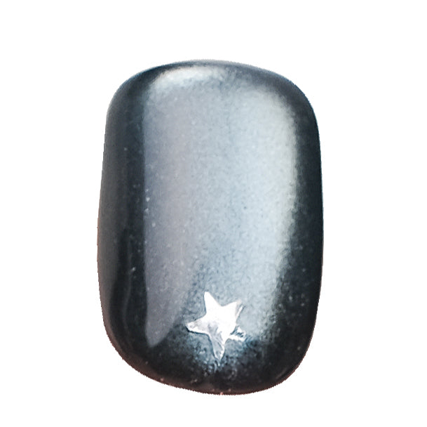 Handmade blue cat eye short square press-on nails with silver star design, reusable gel tips, and lamp-curable glue for wedding or party nails.