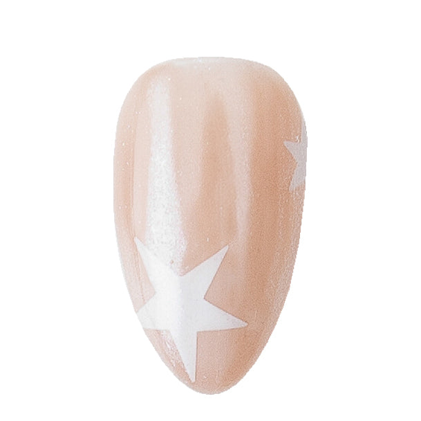 Short almond-shaped press on nails by nailique featuring a chrome glazed donut design with star accents in neutral nude soft gel.